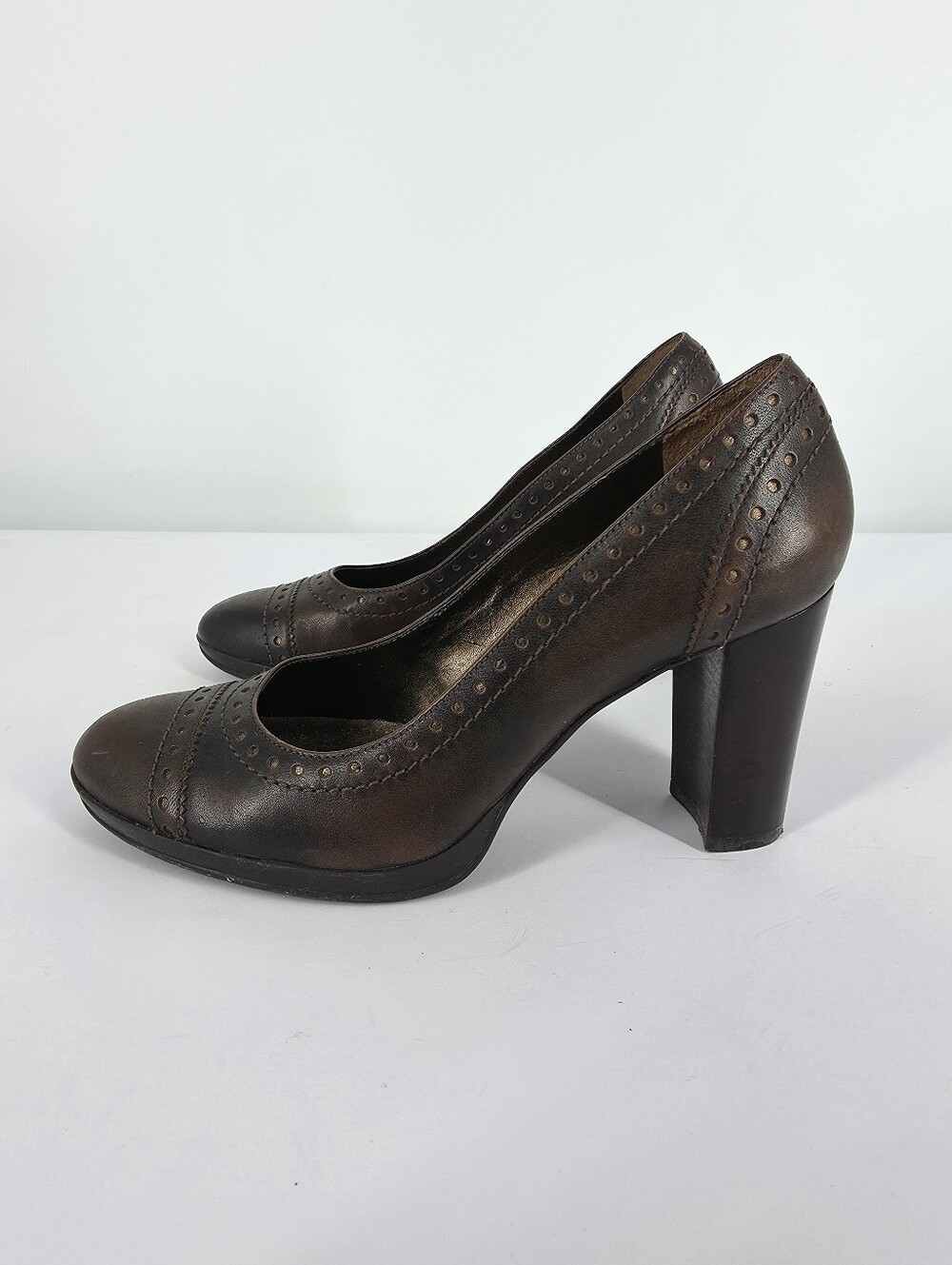 Franco Sarto Brown Leather Brogue Platform Pumps Block Heel Women's Size 8M